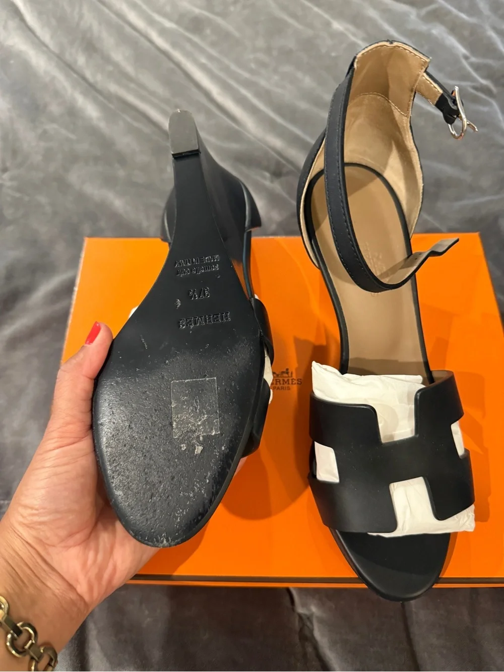 Hermes Legend Black Ankle-Strap Wedge Sandals